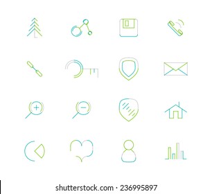 Set of thin line web icons isolated on white - connection floppy handset key shield letter email zoom home chart heart love graph user avatar