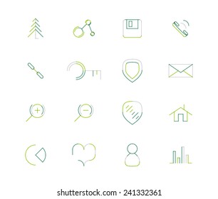 Set of thin line web icons isolated on white - connection floppy handset key shield letter email zoom home chart heart love graph user avatar
