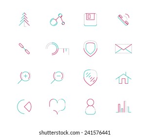 Set of thin line web icons isolated on white - connection floppy handset key shield letter email zoom home chart heart love graph user avatar