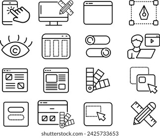 Conjunto de iconos web de línea delgada de diseño gráfico y flujo de trabajo del proyecto