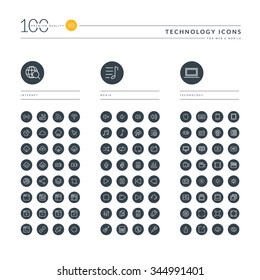 Set of thin line web icons for technology, internet, networking, cloud computing, web development, audio and video media, electronic devices. Icons for website, mobile website and app design. 