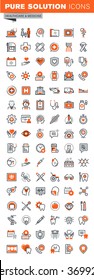 Set of thin line web icons for graphic and web design and development. Icons of clinic and hospital facilities, pharmacy, laboratory tests, medical equipment and supplies, dental care theme