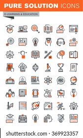 Set of thin line web icons for graphic and web design and development. Icons of e-learning, education, online training and courses, video tutorials, e-book, webinar audio course.