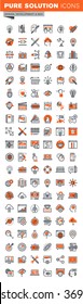 Set of thin line web icons for graphic and web design and development. Icons of app development, cloud computing, website maintenance, online security, seo, data protection, design solutions.