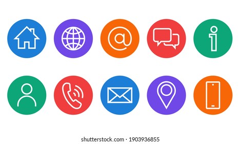 Set Of Thin Line Web Symbol Icons. Home, Location, Globe, User, Chat, Correspondence, Email, Phone, Info, Mobile. UI Mobile, Website Elements. Vector Collection Of Black And White Buttons