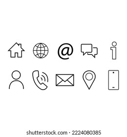 Set of thin line web symbol icons. home, location, globe, user, chat, correspondence, email, phone, Info, mobile. UI mobile, website elements. Vector collection of black and white buttons