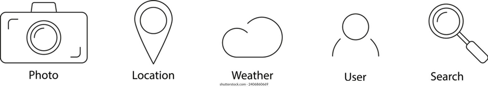 Set of thin line web symbol icons. Location, Photo, Search, Weather, User icons. Vector collection