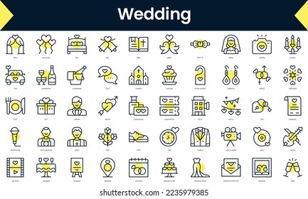 Juego de íconos de boda en línea delgada. Icono de línea de arte con sombra amarilla. Ilustración del vector