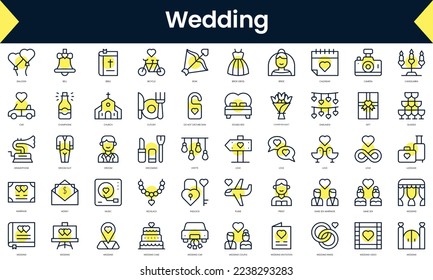 Juego de íconos de boda en línea delgada. Icono de línea de arte con sombra amarilla. Ilustración del vector