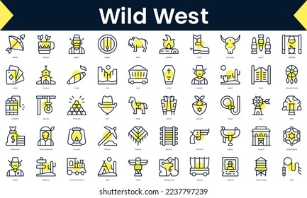 Set of thin line wild west Icons. Line art icon with Yellow shadow. Vector illustration