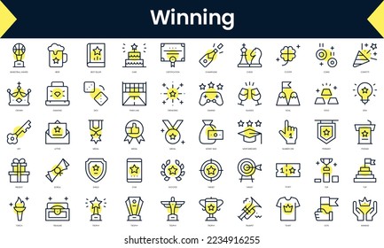 Set of thin line winning Icons. Line art icon with Yellow shadow. Vector illustration