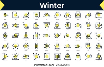 Set of thin line winter Icons. Line art icon with Yellow shadow. Vector illustration