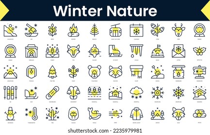 Set of thin line winter nature Icons. Line art icon with Yellow shadow. Vector illustration