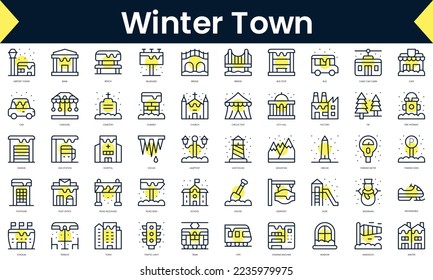 Set of thin line winter town Icons. Line art icon with Yellow shadow. Vector illustration