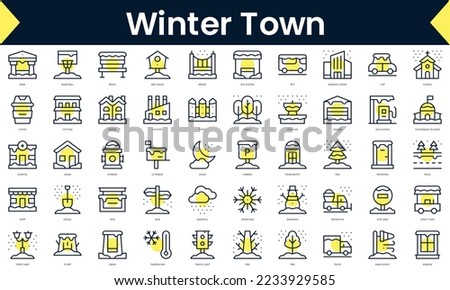 Set of thin line winter town Icons. Line art icon with Yellow shadow. Vector illustration