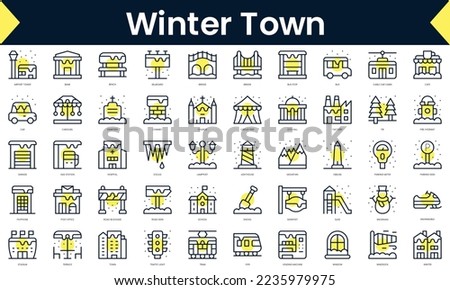 Set of thin line winter town Icons. Line art icon with Yellow shadow. Vector illustration