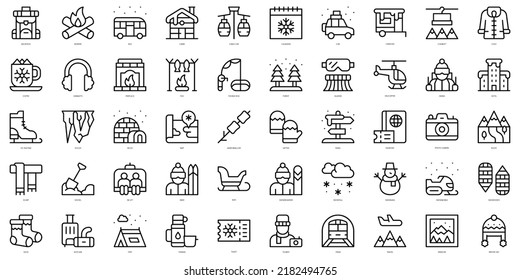 Set Of Thin Line Winter Travel Icons. Vector Illustration