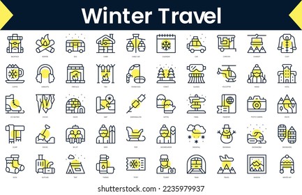 Juego de Iconos de viaje en invierno de línea delgada. Icono de línea de arte con sombra amarilla. Ilustración del vector