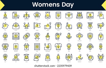 Set of thin line womens day Icons. Line art icon with Yellow shadow. Vector illustration