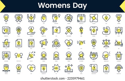 Set of thin line womens day Icons. Line art icon with Yellow shadow. Vector illustration