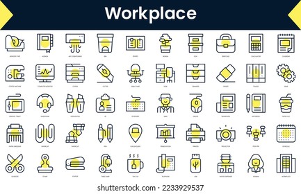 Set of thin line workplace Icons. Line art icon with Yellow shadow. Vector illustration