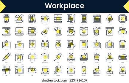 Set of thin line workplace Icons. Line art icon with Yellow shadow. Vector illustration