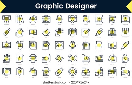 Set of thin line workplace Icons. Line art icon with Yellow shadow. Vector illustration