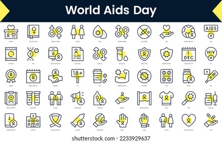 Set of thin line world aids day Icons. Line art icon with Yellow shadow. Vector illustration