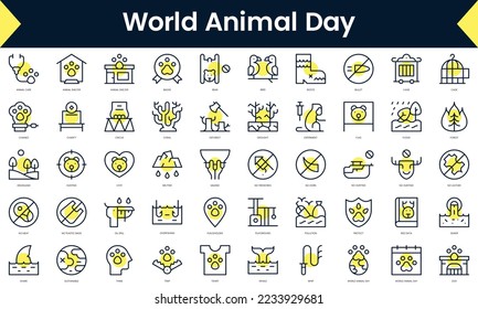 Set of thin line world animal day Icons. Line art icon with Yellow shadow. Vector illustration