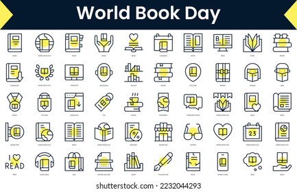 Set of thin line world book day Icons. Line art icon with Yellow shadow. Vector illustration