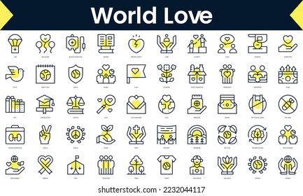 Set of thin line world love Icons. Line art icon with Yellow shadow. Vector illustration