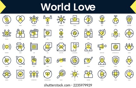 Set of thin line world love Icons. Line art icon with Yellow shadow. Vector illustration