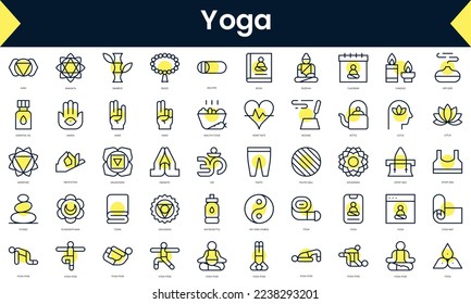 Set von Thin-line-Yoga-Symbolen. Line Art Symbol mit gelbem Schatten. Vektorgrafik