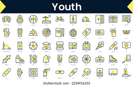 Set of thin line youth Icons. Line art icon with Yellow shadow. Vector illustration