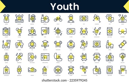 Set of thin line youth Icons. Line art icon with Yellow shadow. Vector illustration