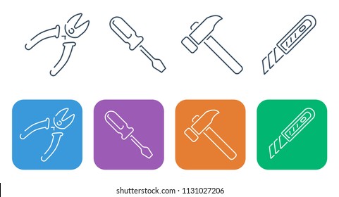 Set of thin linear building icons Various types of hand tools. Screwdriver, pliers, hammer and knife.