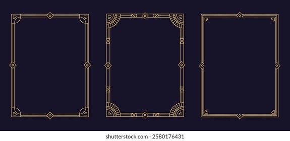 Set of thin linear frames in art deco style. Geometric gold ornaments for cards and invitations. Elegant retro design of border for flyer.