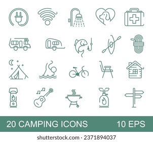 A set of thin linear icons on the theme of camping and outdoor recreation
