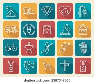 A set of thin linear icons on the theme of camping and outdoor recreation. Vector Illustration