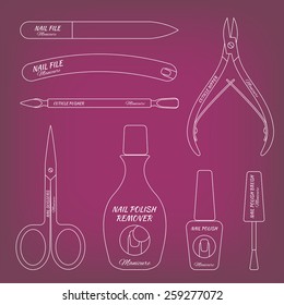 Set of thin lined icons of tools and accessories for nail care-manicure and pedicure. Scissors, nail files, cuticle pusher, cuticle nipper, nail polish, nail polish brush, remover. Vector illustration