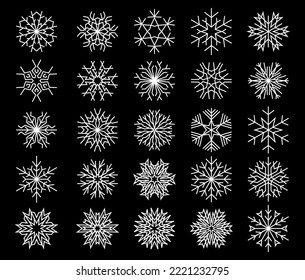 Set of thin lined original snowflakes for winter holidays, Christmas or New Year Eve.