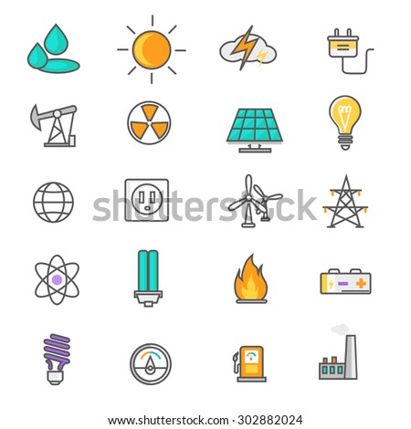Set of thin lines icons energy and resource icon set power and energy production, electric industry, natural energy sources. Flat thin line icons modern design style