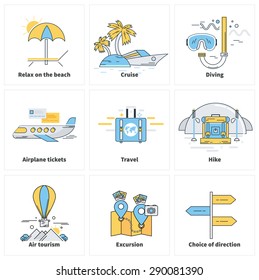 Set of thin lines icons on white background. Traveling, summer vacation, journey. Items in flat design. For web site construction, mobile applications, banners, corporate brochures book covers layouts