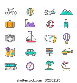 Set of thin lines icons of traveling, planning a summer vacation, tourism and journey objects and passenger luggage in flat design. Different types of travel. Business travel concept