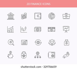 Set of thin, lines, outline financial service items icons, banking accounting tools, stock market global trading and money objects and elements. Flat thin line icons modern design style