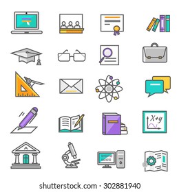 Set of thin lines, outline icons education. Items for study ruler, pencil, microscope, backpack, computer, books, glasses on white background. For web and mobile applications 