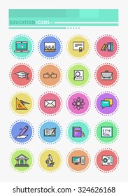 Set of thin lines, outline icons education. Items for study microscope, books, glasses on white background. Education icon, school learning, student, teacher, education concept, book, graduation