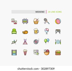 Set of thin lines picnic icons. Summertime holiday template with picnic outdoor summer accessories, illustration and icon set flat design of weekend traveling, holiday