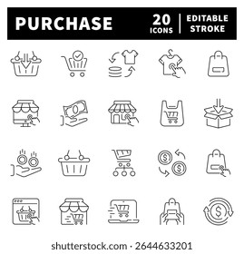 Set of thin lone icons related to purchase and shopping. Online shopping, store, delivery, shopping cart, buy, order, purchase icons