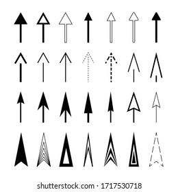 Set of thin oblong arrows, black on white background. Long, triangle, different shapes, pointing upwards.